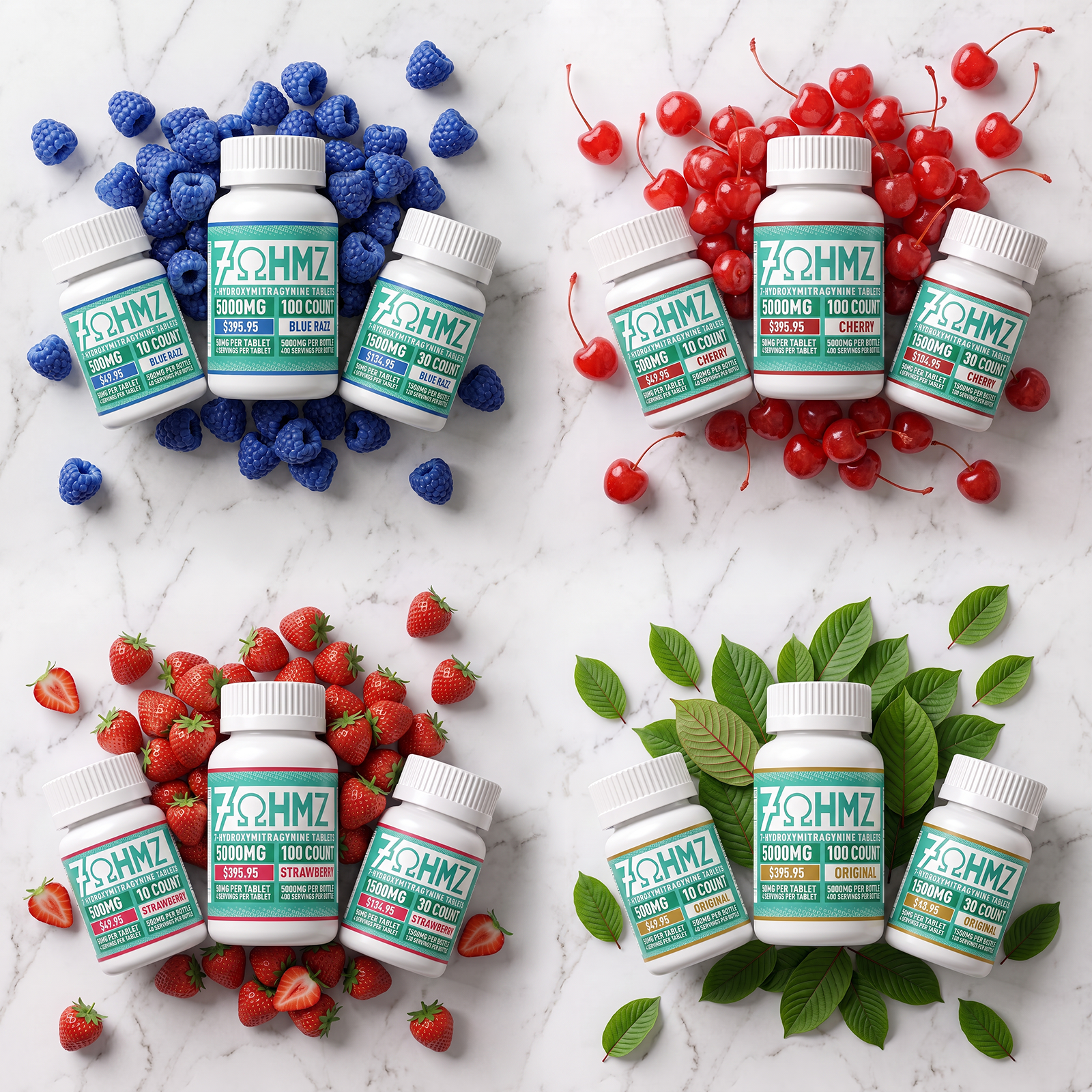 7OHMZ 50mg Tablets - Blue Razz, Cherry, Strawberry, Original (10ct / 30ct / 100ct Bottle)