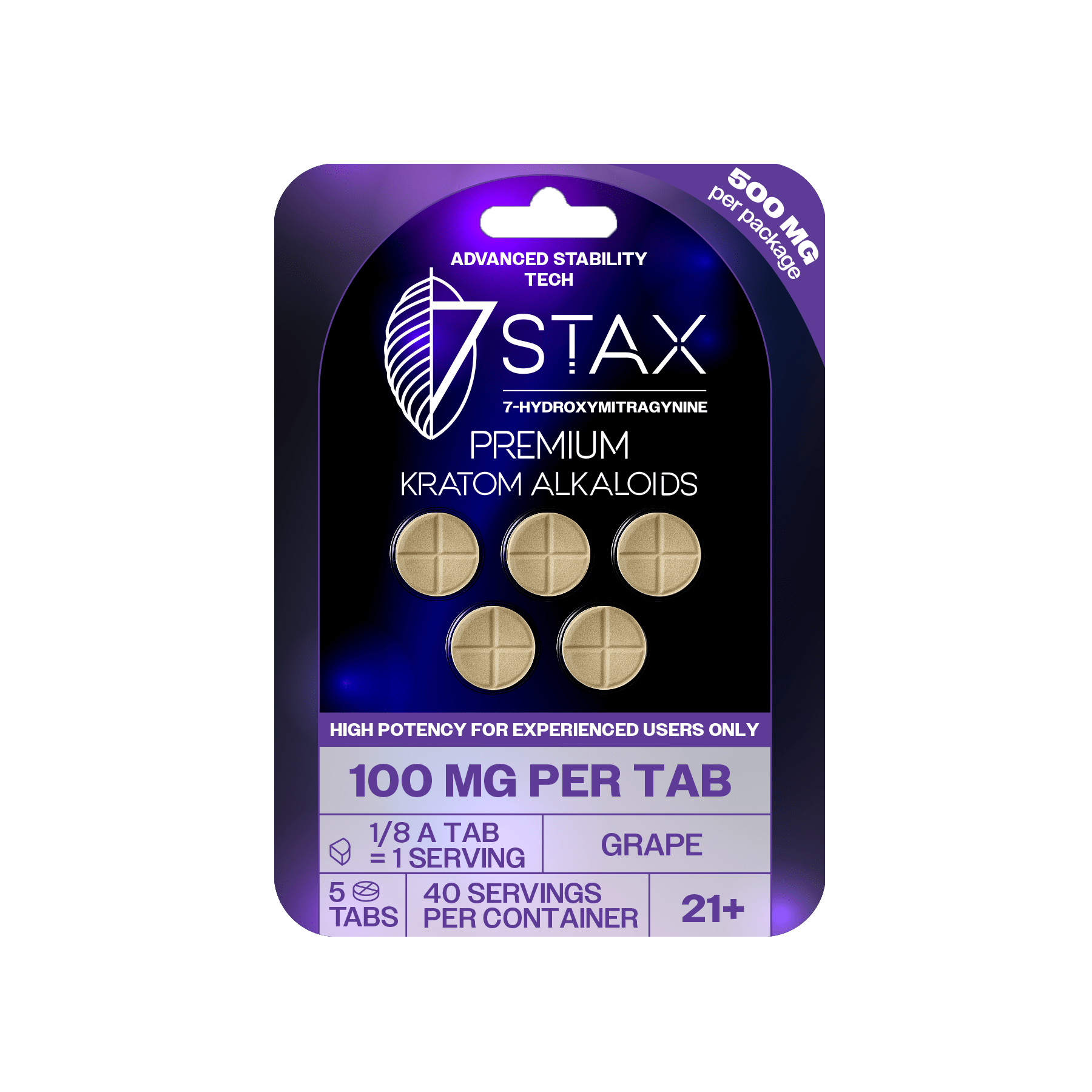 7Stax 100mg Premium Alkaloids packaging with gold tablets on a green background