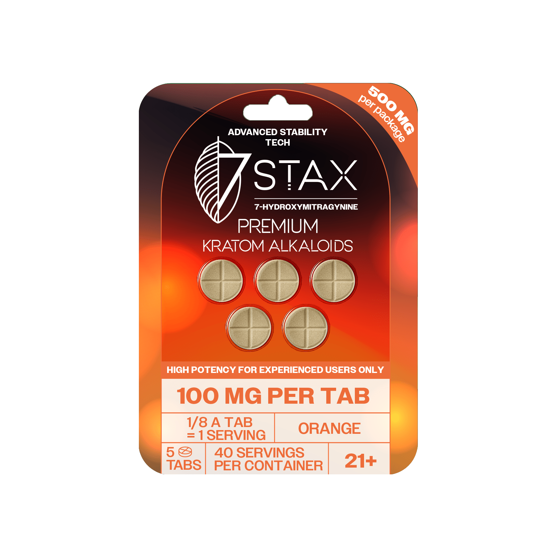 7Stax 100mg Premium Alkaloids packaging with orange and black design on a green background