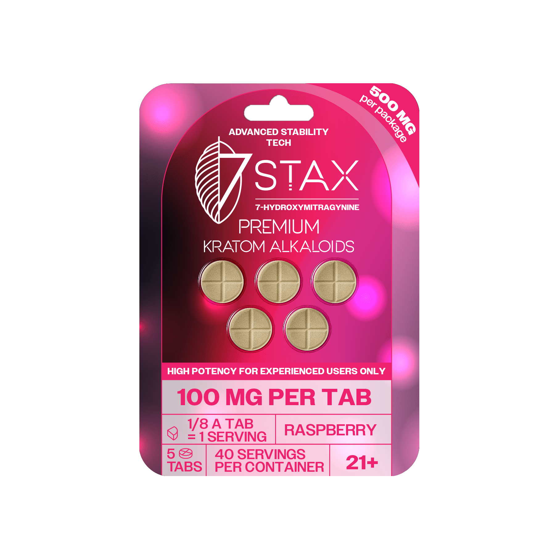 7Stax 100mg tablets packaging with pink and red design on a green background