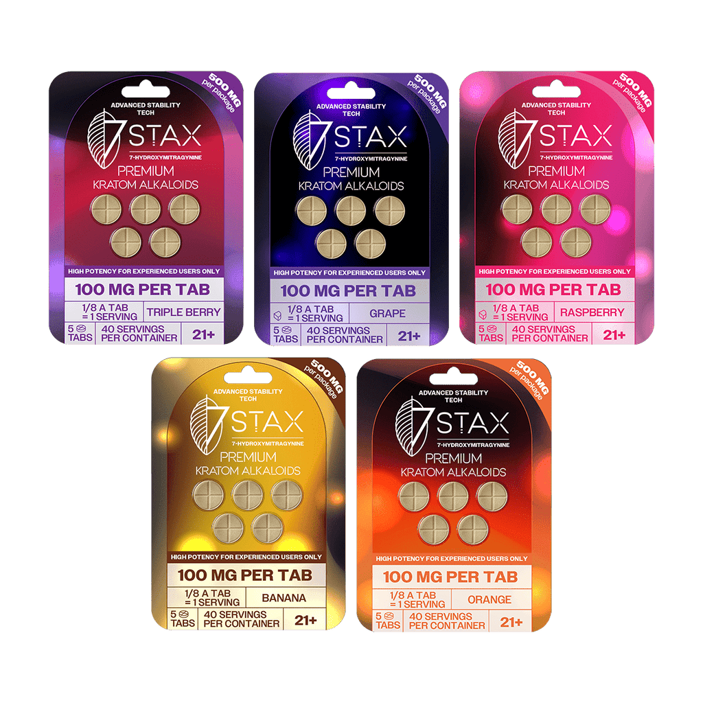 Five packages of 7Stax 100mg Premium Alkaloids on a green background