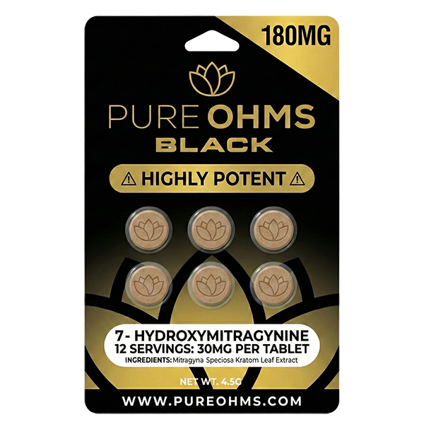 Packaging of Pure Ohms Black Kratom tablets with gold and black design.